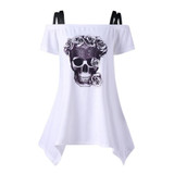 feitong t-shirt women 2018 plus size women clothing slash neck top women skull top short sleeve shirt sexy &amp; club print t shirt