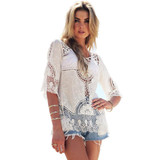 Feitong Summer Women White Blouses Boho Sexy Lace Crochet Hollow Blusa Feminina 2017 Beach Blouses Shirt Tops vetement femme Hot