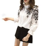 FEITONG Summer Women Long Lantern Sleeve Blouse embroidery blouse Floral Shirts Stand Collar blouses 2017#LREO