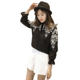 FEITONG Summer Women Long Lantern Sleeve Blouse embroidery blouse Floral Shirts Stand Collar blouses 2017#LREO