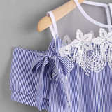 Feitong Summer Women Blouses Sexy Short Sleeve Cold Shoulder Lace Splice Striped Blouse Casual Tops Blouse Shirt Blusas feminina