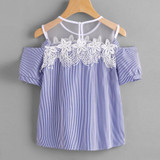 Feitong Summer Women Blouses Sexy Short Sleeve Cold Shoulder Lace Splice Striped Blouse Casual Tops Blouse Shirt Blusas feminina