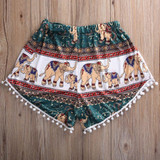 Feitong Summer Women High Waist Shorts 2017 Fashion Boho Elastic Waist Tassels Elephant Print Beach Casual Mini Shorts Feminino