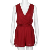 Feitong Playsuit Women Rompers Summer Beach Sleeveless V-Neck Chiffon Jumpsuit Ladies Party Sexy Playsuit Combinaison Femme