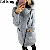 Feitong Fashion Grey Coat  Women Outwear Casual Hooded Coat Long Zipper Winter Outwear Women Warm Tops A2040