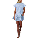 FEITONG 2018 New Fashion For Women Dress Women Ladies Plaid Printing Round Neck Short Sleeve Dress Mini Dresses Vestidos