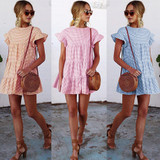 FEITONG 2018 New Fashion For Women Dress Women Ladies Plaid Printing Round Neck Short Sleeve Dress Mini Dresses Vestidos