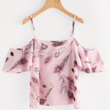 Feitong 2018 Summer Women Chiffon Blouses Sexy Leaf Print Cold Shoulder Slash Neck Short Blouse Shirt Crop Tops blusas feminina
