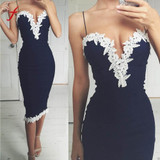 Feitong 2017 Summer Party Dresses Women Sexy Strappy Deep V Neck Lace Bodycon Bandage Knee-Length Dress vestidos feminino mujer