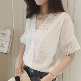 Fashion Blusas 2017 Summer Sexy Women Blouses Lace Hollow Out Shirts White Pink Casual Tops Blouse Plus Size 006