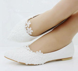 Fashion ballet flats white lace wedding shoes flat heel casual shoes pointed toe flats women wedding princess flats plus size 41