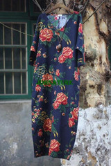 Cotton Linen Vintage Bird Flower Pint V-neck Three Quarter Sleeve Washed Women Dress Plus Size Loose 2017 New Spring Women Robe