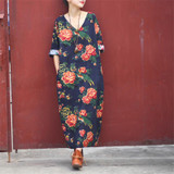 Cotton Linen Vintage Bird Flower Pint V-neck Three Quarter Sleeve Washed Women Dress Plus Size Loose 2017 New Spring Women Robe