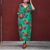 Cotton Linen Vintage Bird Flower Pint V-neck Three Quarter Sleeve Washed Women Dress Plus Size Loose 2017 New Spring Women Robe