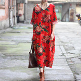 Cotton Linen Vintage Bird Flower Pint V-neck Three Quarter Sleeve Washed Women Dress Plus Size Loose 2017 New Spring Women Robe