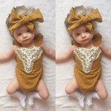 Cotton Kids Baby Girl One-pieces Romper Sleeveless Jumpsuit Lace Sunsuit Outfits With Headband