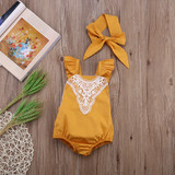 Cotton Kids Baby Girl One-pieces Romper Sleeveless Jumpsuit Lace Sunsuit Outfits With Headband