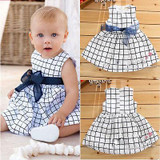 Cotton Baby Toddler Cute Girl Kids Plaids Bownot Sleeveless Dress Outfit Pricess Clothes Dress with O-Neck