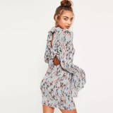 Hodoyi Floral Printed Backless Dresses Female Flare Sleeve Cute Pencil Dress Women Vintage Elegant Mini Dress Ladies Vestidos