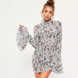 Hodoyi Floral Printed Backless Dresses Female Flare Sleeve Cute Pencil Dress Women Vintage Elegant Mini Dress Ladies Vestidos