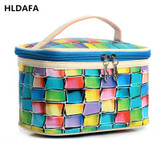 HLDAFA 2017 PU women makeup bag Plaid fashion travel organizer cosmetic bag professional suitcase toiletry bag pouch beauty case