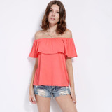 Hirsionsan Women Summer Blouse Shirt Off Shoulder Short Sleeve Tees Ruffles Blouses 2017 Solid Loose Shirt Women Tube Tops