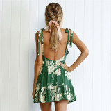 Hirsionsan Short Bohemian Dress 2017 Summer Women Sundress Sexy V-neck Floral Print Boho Dress Backless Green Beach Sundress