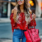 hirigin blouse Women's Off Shoulder flare Long sleeve red gorgeous flower Tops Shirt Casual Blouse Loose Crop female