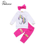 2017 Newborn Baby Unicorn Clothes Long Sleeve Gold Heart Pullover Tops +Rose Red Pant Legging Headband 3PCS Outfit Kids Clothing