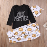 2017 Newborn Baby Clothes Milk Monster Long Sleeve Cotton Romper+Pant+Hat 3PCS Outfit Kids Clothing Set 0-24M