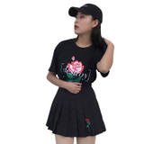 2017 New Women Summer Skirts Rose Embroidery Pleated Skirt High Waist Harajuku Black Skirts SK011