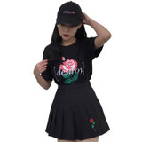 2017 New Women Summer Skirts Rose Embroidery Pleated Skirt High Waist Harajuku Black Skirts SK011