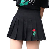 2017 New Women Summer Skirts Rose Embroidery Pleated Skirt High Waist Harajuku Black Skirts SK011