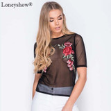 2017 New Women Summer Black Embroidered Rose Applique Sheer Mesh Top Sexy Women's Blouses Short Sleeve Sexy Blouse