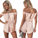 2017 New Women Sexy Off Shoulder Jumpsuit Casual Pink Rompers Playsuit