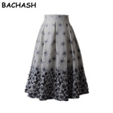 BACHASH Women Fashion Casual Printed Pleated Midi Skirt 2017 New Streetwear Ladies White Skater Skirts Saia Femininas For Autumn