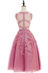 Babyonline Dust Pink Tea-Length Lace Applique Cocktail Dresses 2017 Sleeveless Party Dresses Sexy Sheer Back robe de cocktail