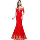 Babyonline Red Lace Gold Applique Mermaid Evening Dresses 2017 Sexy Off Shoulder Formal Prom Party Dresses robe de soiree