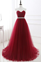 Babyonline 2017 Sweetheart A-line Burgundy Evening Dresses Beaded Waist Formal Dress Soft Tulle Prom Party Dress robe de soiree