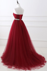 Babyonline 2017 Sweetheart A-line Burgundy Evening Dresses Beaded Waist Formal Dress Soft Tulle Prom Party Dress robe de soiree