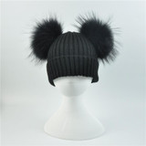 Baby winter Two Real Fur Hat Kids Knitted Wool Hat with Raccoon Fur Pom Pom Cap Autumn Cashmere Double Fur Ball Hat for Children