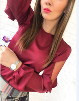 AZZPL 2018 Spring Women New Fashion Chiffon Tops Sexy Style O-Neck Long Lantern Sleeves Shirts Mesh Patchwork Blouses