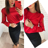 AZZPL 2018 Spring Women New Fashion Chiffon Tops Sexy Style O-Neck Long Lantern Sleeves Shirts Mesh Patchwork Blouses