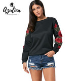 AZULINA Sweet Floral Applique Black Sweatshirt 2017 New Autumn Women Tunic Vintage Long Sleeve Pullover Casual O Neck Sweatshirt