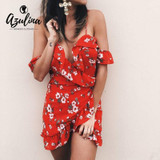 AZULINA Sexy V Neck Ruffle Mini Beach Dress Women 2017 Casual Summer Spaghetti Strap Red Chiffon Floral Dress Sundress Vestidos AZULINA Sexy V Neck Ruffle Mini Beach Dress Women 2017 Casual Summer Spaghetti Strap Red Chiffon Floral Dress Sundress Vestidos