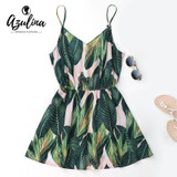 AZULINA Sexy Beach Dress Women Mini Summer Dress Leaf Print Sleeveless V Neck Spaghetti Strap Elastic Waist Dress 2017 Sundress AZULINA Sexy Beach Dress Women Mini Summer Dress Leaf Print Sleeveless V Neck Spaghetti Strap Elastic Waist Dress 2017 Sundress