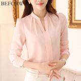 BEFORW Women Chiffon Blouses Summer Fashion White Pink Womens Clothing Tops Shirt Sexy V Neck Business Office Women Blouses