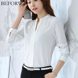 BEFORW Summer Women Blouse White Pink V-neck Shirt High Quality Long Sleeve Elegant Womens Clothing Office Wear Chiffon Blouse