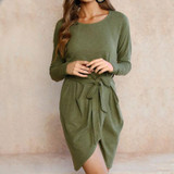 BEFORW New 2017 Autumn Winter Fashion Work Dress European Style Long Sleeved Dress Solid Color O Neck Women Mini Dress