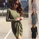 BEFORW New 2017 Autumn Winter Fashion Work Dress European Style Long Sleeved Dress Solid Color O Neck Women Mini Dress